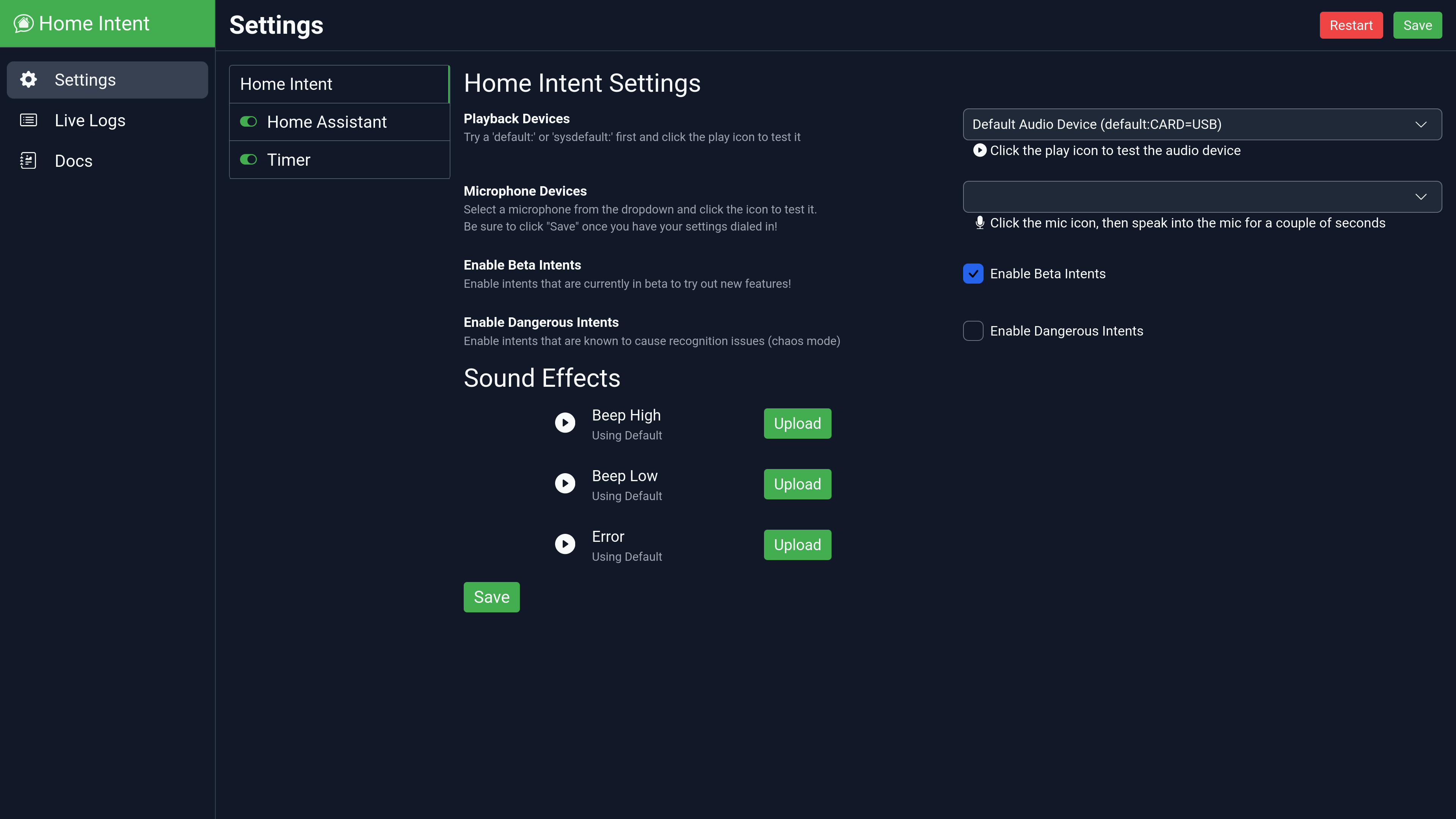 Home Intent Settings filled out